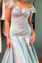 A Line Off the Shoulder Grey Blue Satin Long Prom Dress,Party dresses
