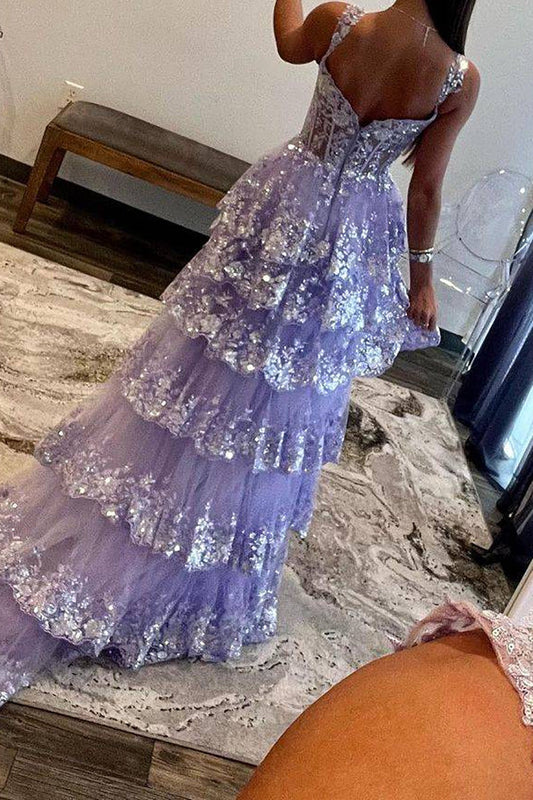 Robes de bal longues en dentelle corset violet clair coupe trapèze
