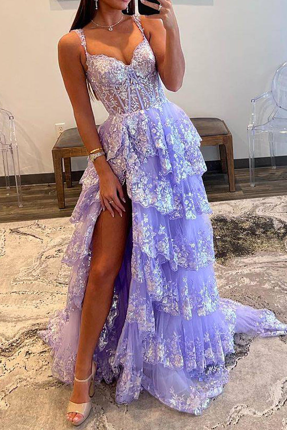A Line Sweetheart Light Purple Corset Lace Long Prom Dresses