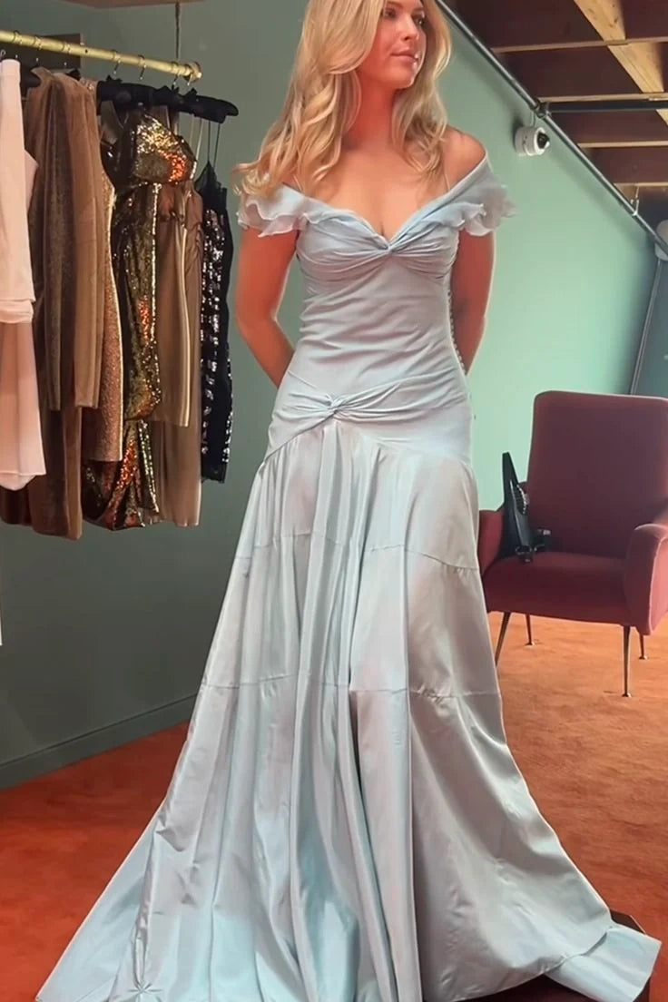 A Line Off the Shoulder Grey Blue Satin Long Prom Dress,Party dresses