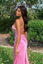 Sheath Spaghetti Straps Pink Long Party Dresses