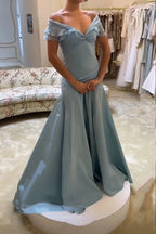 A Line Off the Shoulder Grey Blue Satin Long Prom Dress,Party dresses