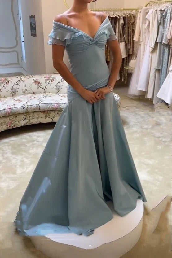 A Line Off the Shoulder Grey Blue Satin Long Prom Dress,Party dresses