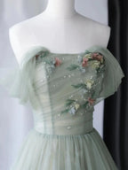Green Tulle ALine Long Off the Shoulder Prom Dresses