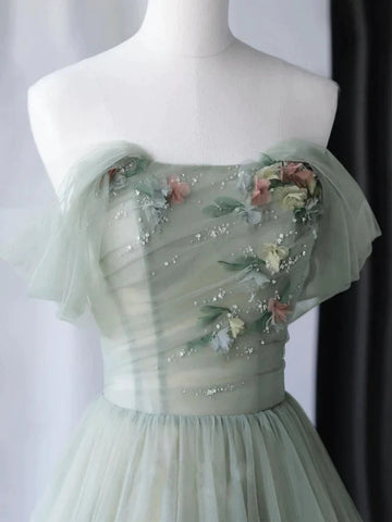 Green Tulle ALine Long Off the Shoulder Prom Dresses