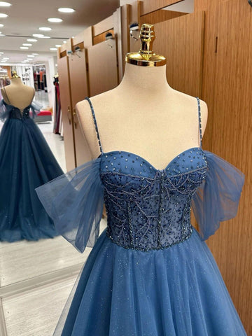 Blue Tulle Beading Spaghetti Straps A Line Prom Dresses