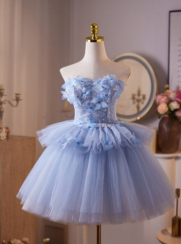 Blue Tulle Strapless Butterfly A Line Short Homecoming Dresses