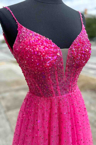 Fuchsia Tulle Spaghetti Straps A Line Long Prom Dresses