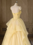 Yellow Tulle Spaghetti Straps Beading A Line Prom Dresses