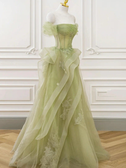 Robes de bal de promo trapèze en dentelle à perles et tulle vert, avec décolleté Bardot