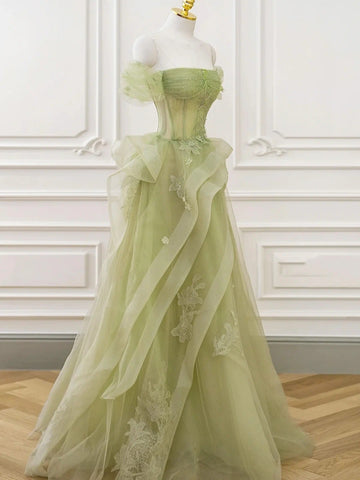 Green Tulle Off the Shoulder Beading A Line Lace Prom Dresses