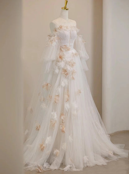 Robes de bal longues en tulle blanc à manches longues, plissées, décolleté épaules dénudées, coupe trapèze