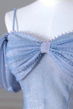 Blue Tulle Sequins Spahetti Straps A Line Prom Dresses