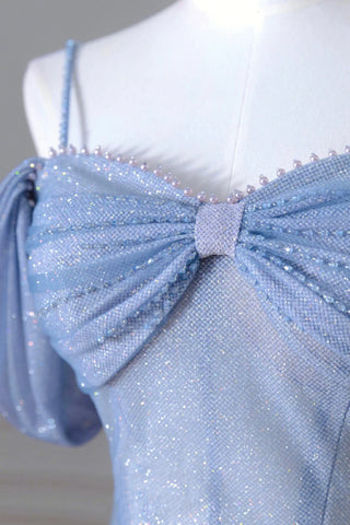 Blue Tulle Sequins Spahetti Straps A Line Prom Dresses