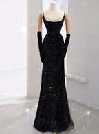 Black Mermaid Straps Sequins Long Prom Dresses