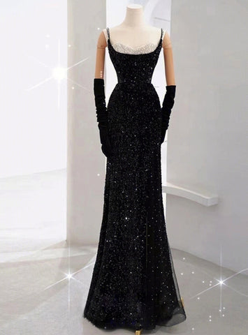 Black Mermaid Straps Sequins Long Prom Dresses
