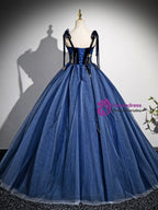 Navy Blue Tulle Spaghetti Straps A Line Prom Dresses