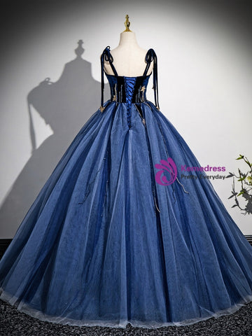 Navy Blue Tulle Spaghetti Straps A Line Prom Dresses