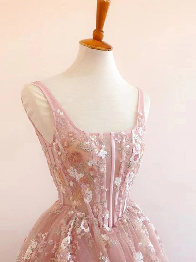 Robes de bal longues rose en tulle avec bretelles en dentelle, coupe trapèze