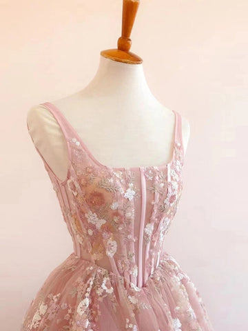 Pink Long Tulle Lace Straps A Line Prom Dresses