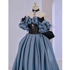 Blue Satin Black Lace Strapless A Line Prom Dresses