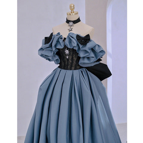 Blue Satin Black Lace Strapless A Line Prom Dresses