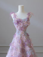 Pink Tulle Flower Princess A Line Long Prom Dresses