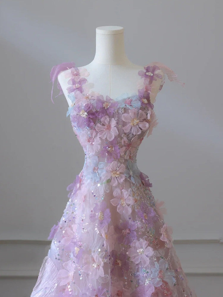 Robes de bal longues de princesse en ligne A avec fleurs en tulle rose