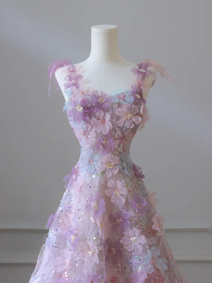 Robes de bal longues de princesse en ligne A avec fleurs en tulle rose