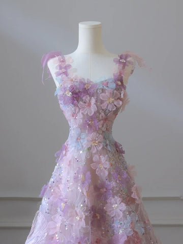 Pink Tulle Flower Princess A Line Long Prom Dresses