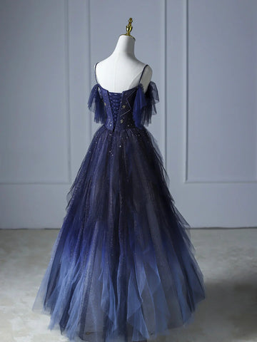 Blue Gradient Tulle Straps A Line Beading Prom Dresses