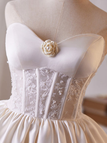 Satin Lace A Line Short ivory Strapless Homecoming Dresses