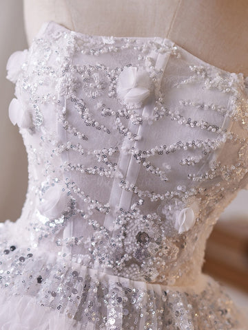 White Tulle Sequins A Line Strapless short Homecoming Dresses