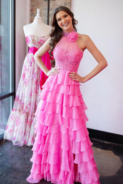 Pink Halter Tiered Chiffon Long Prom Dresses with Appliques,BD93283