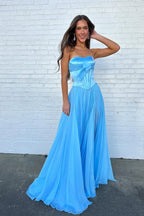 A Line Sweetheart Blue Chiffon Long Prom Dresses