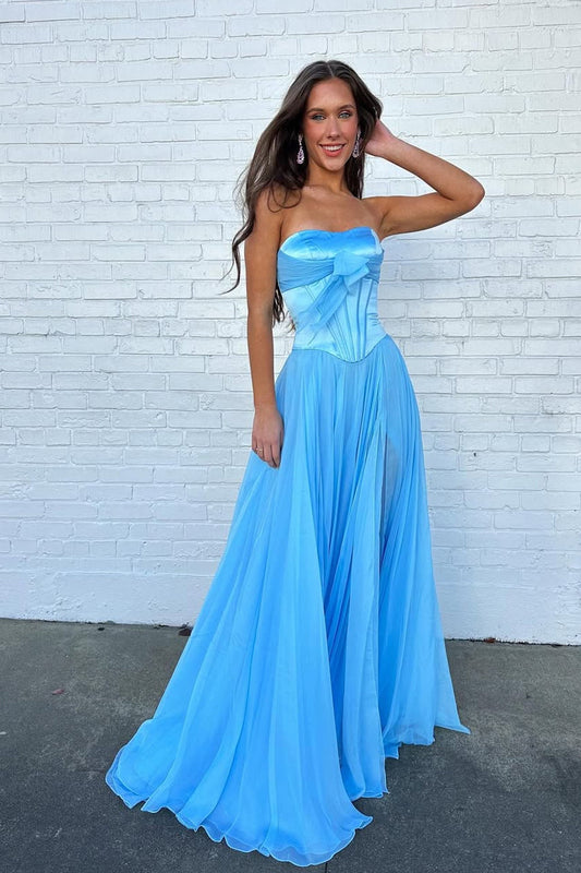 Robes de bal longues en mousseline bleue ligne A coupe cœur