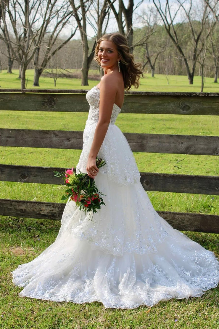 A-Line Strapless White Sequin Lace Ruffle Tiered Long Prom Dresses
