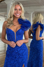 Mermaid One Shoulder Royal Blue Lace Long Prom Dresses