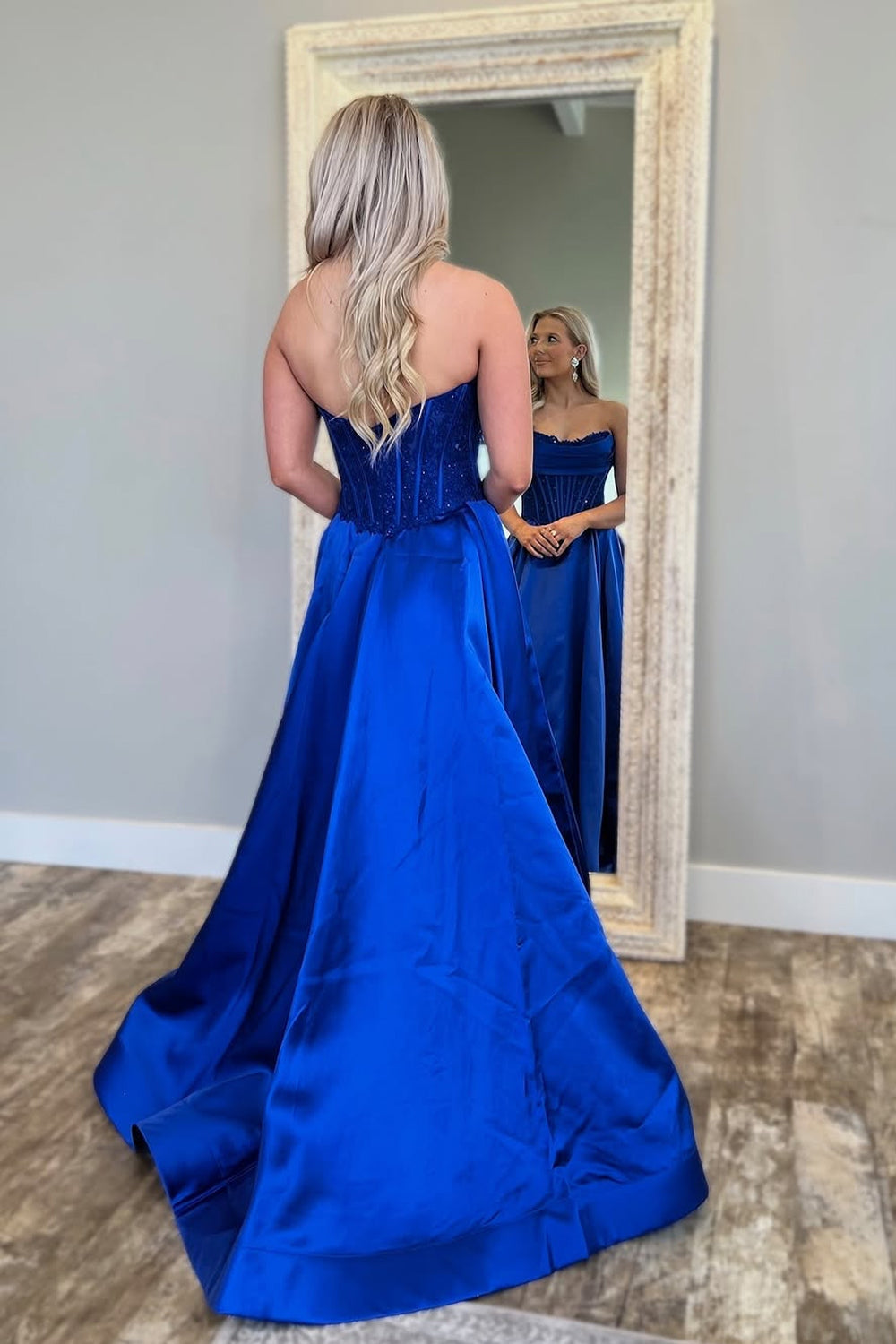 A-Line Strapless Royal Blue Satin Long Prom Dresses – luladress