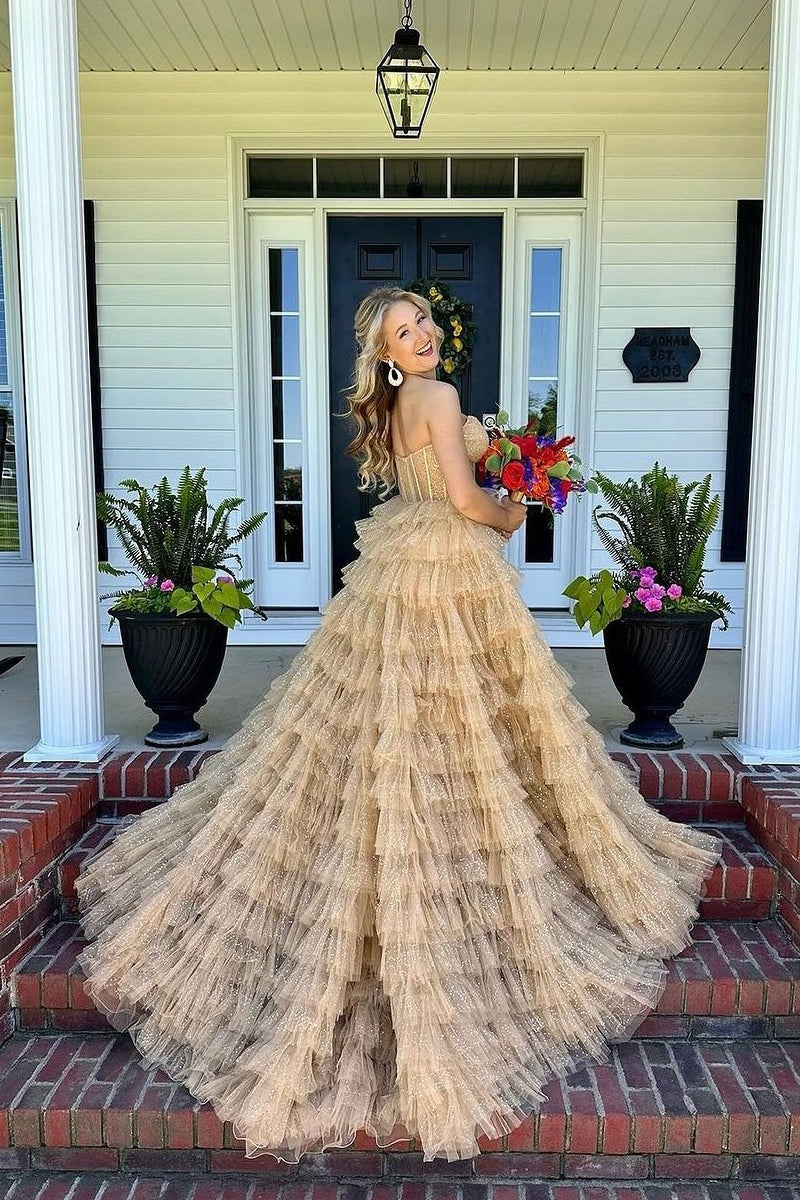 Elegant Ball Gown Long Strapless Gold Ruffle Tiered Tulle Prom Dresses Elegant Ball Gown Long Strapless Gold Ruffle Tiered Tulle Prom Dresses