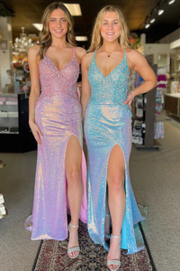 Pink V Neck Sequin Appliques Mermaid Long Prom Dresses,BD93339