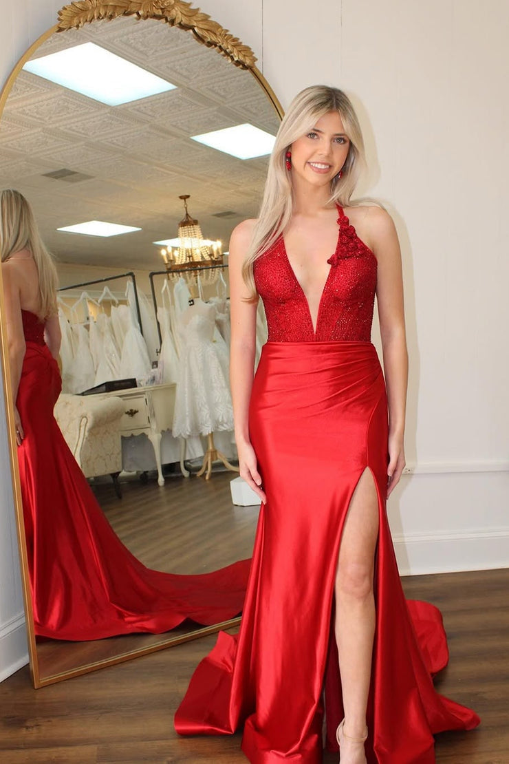 Mermaid Halter Red Sequins Long Satin Prom Dresses