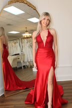 Mermaid Halter Red Sequins Long Satin Prom Dresses
