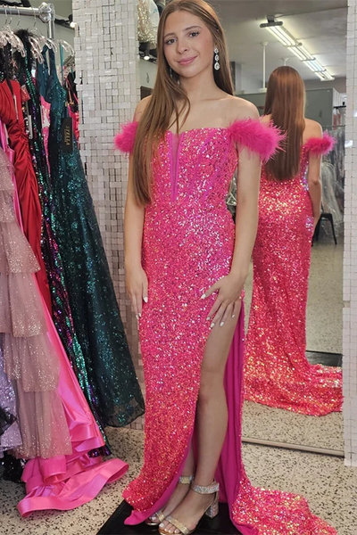 Hot Pink Mermaid Feathered Off-Shoulder Sequins Long Prom Dresses,BD93119