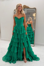 Chiffon A-Line Strapless Green Ruffle Tiered Long Prom Dress