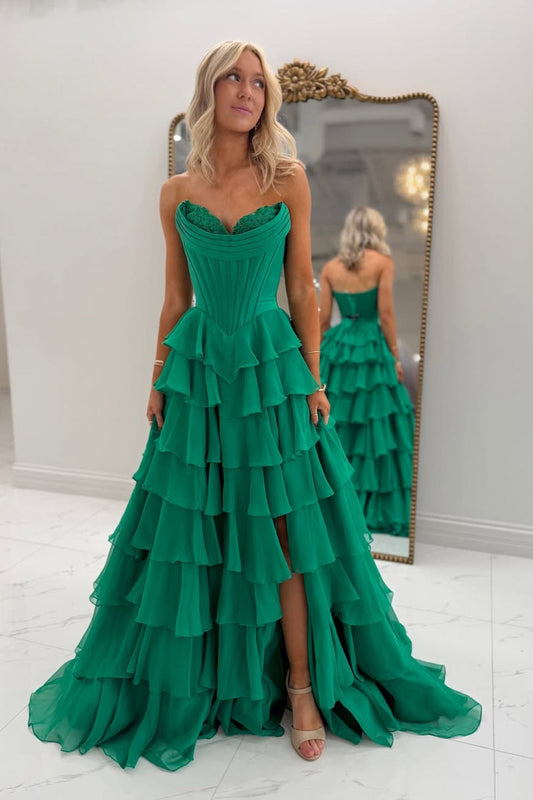 Robe de bal longue en mousseline de soie verte, ligne A, bustier, à volants étagés
