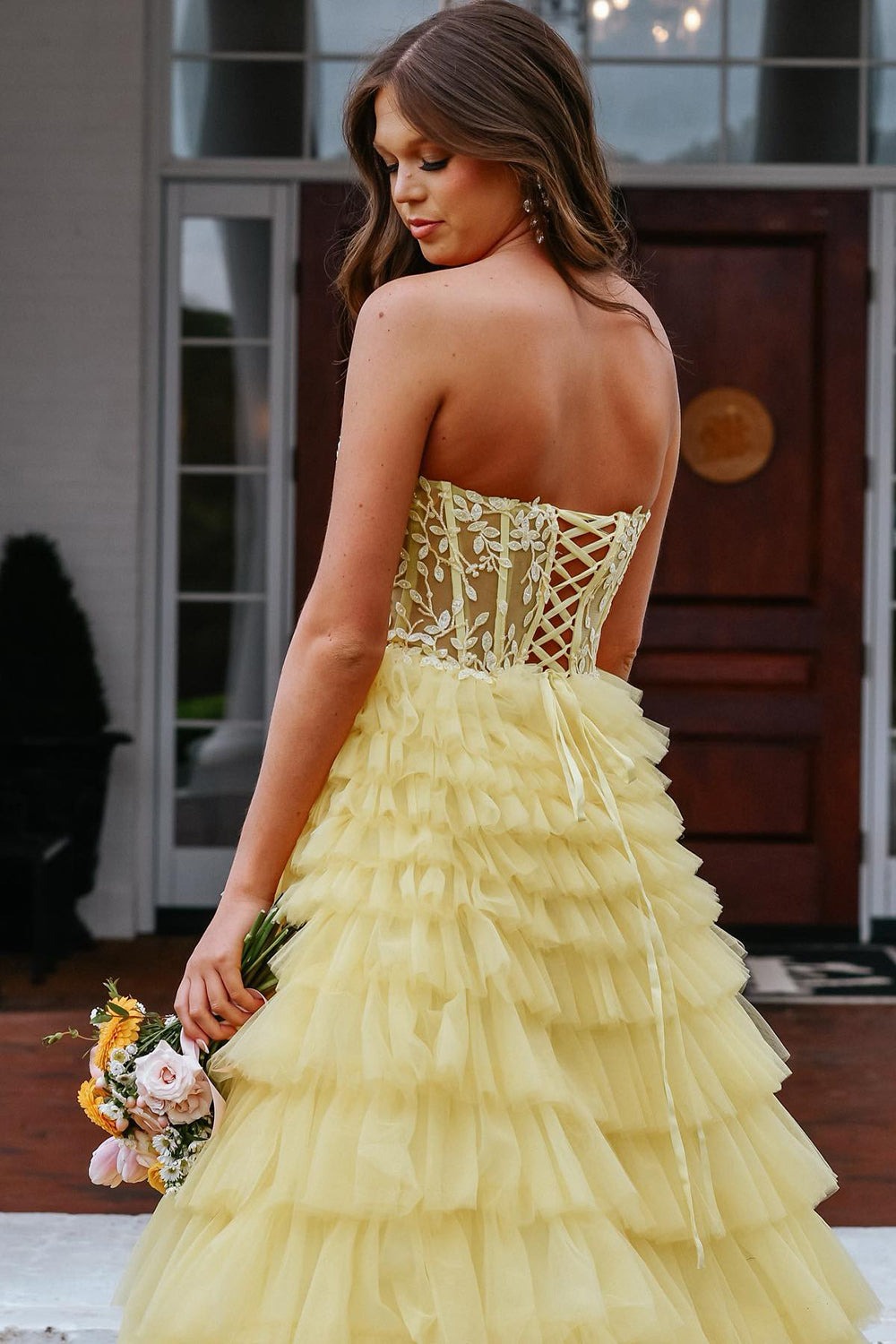 Cute Sweetheart Yellow Tiered Tulle Long Prom Dresses luladress Cute Sweetheart Yellow Tiered Tulle Long Prom Dresses luladress