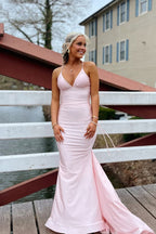 Mermaid V Neck Pink Satin Long Prom Dresses