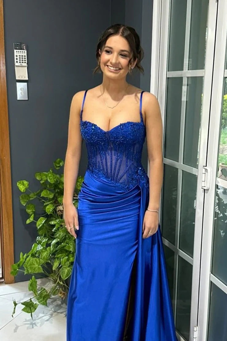 Superbes robes de bal sirène en satin pailleté à fines bretelles