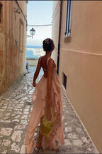 A Line Halter Neck Pink Long Chiffon Prom Dresses